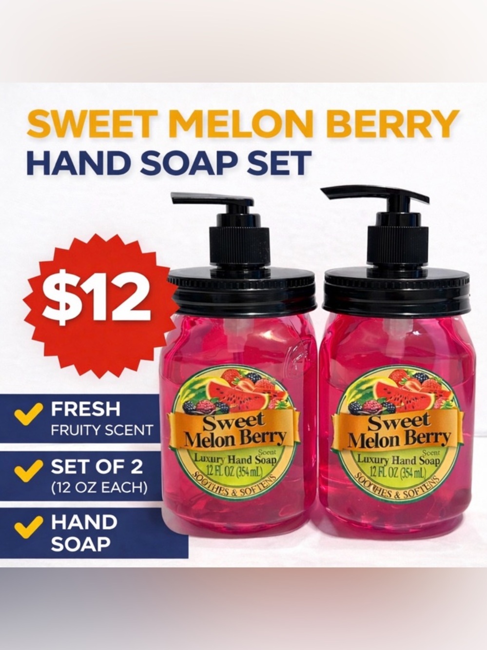 Sweet Melon Berry Luxury Hand Soap Set (2) | 12 oz Each | Fresh Fruity Scent